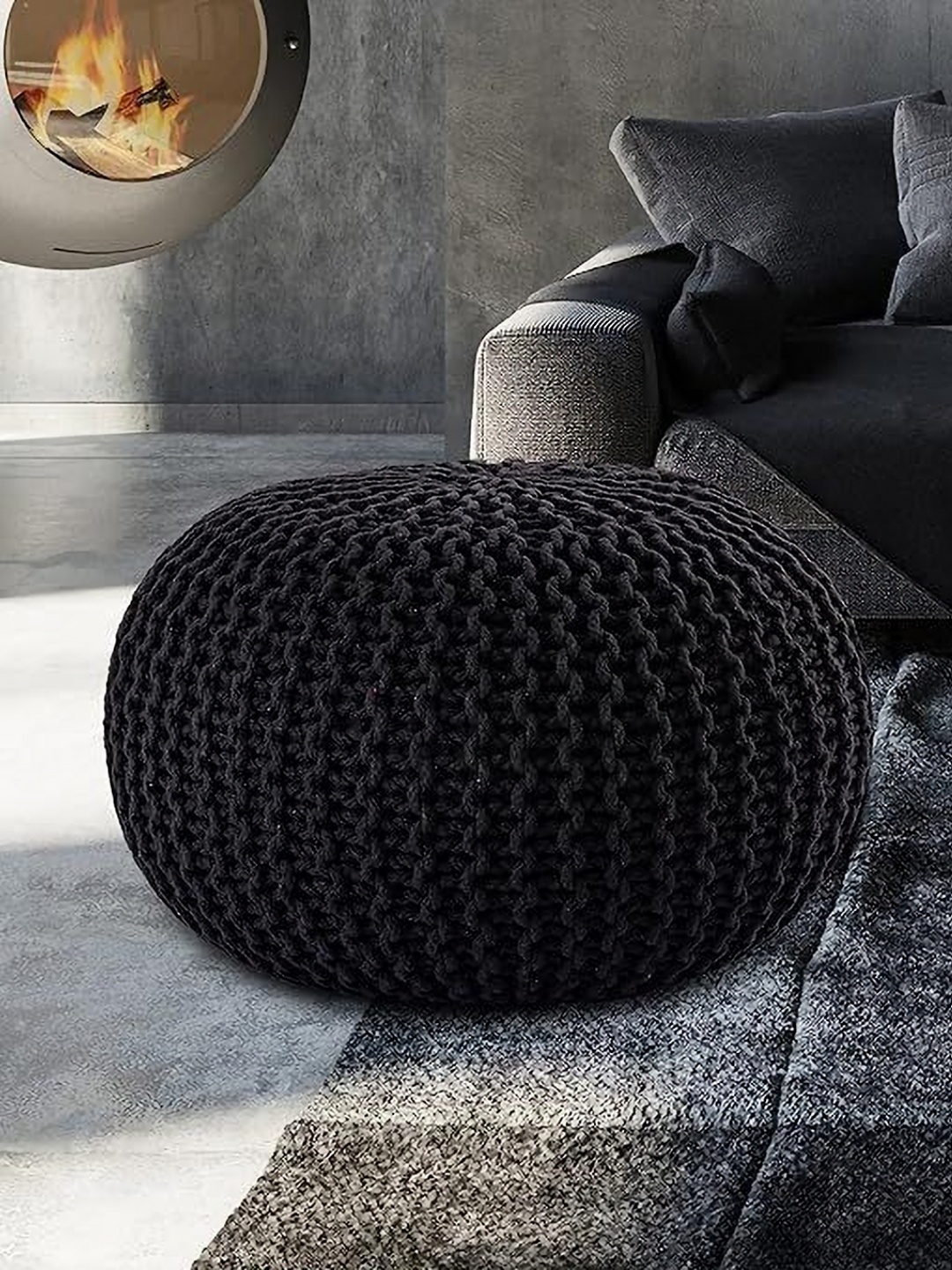 SANYOG DESIGNS Black Oval-Shaped Cotton Braided Ottoman