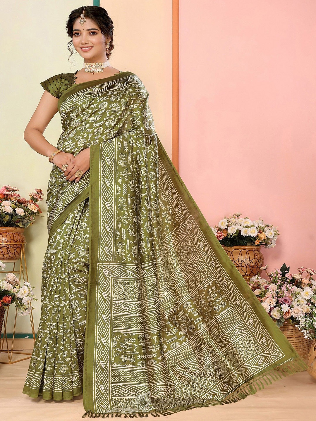 KALINI Kalamkari Printed Bagh Saree, Green