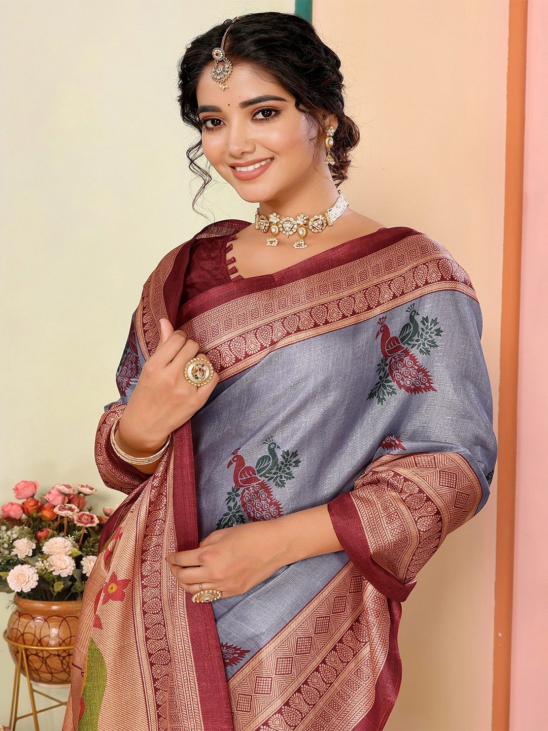 

KALINI Woven Design Zari Baluchari Saree, Grey