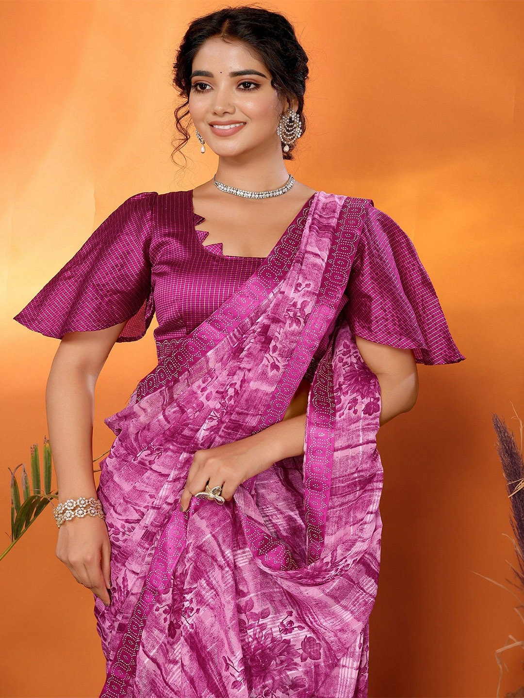 

KALINI Printed Block Print Saree, Purple