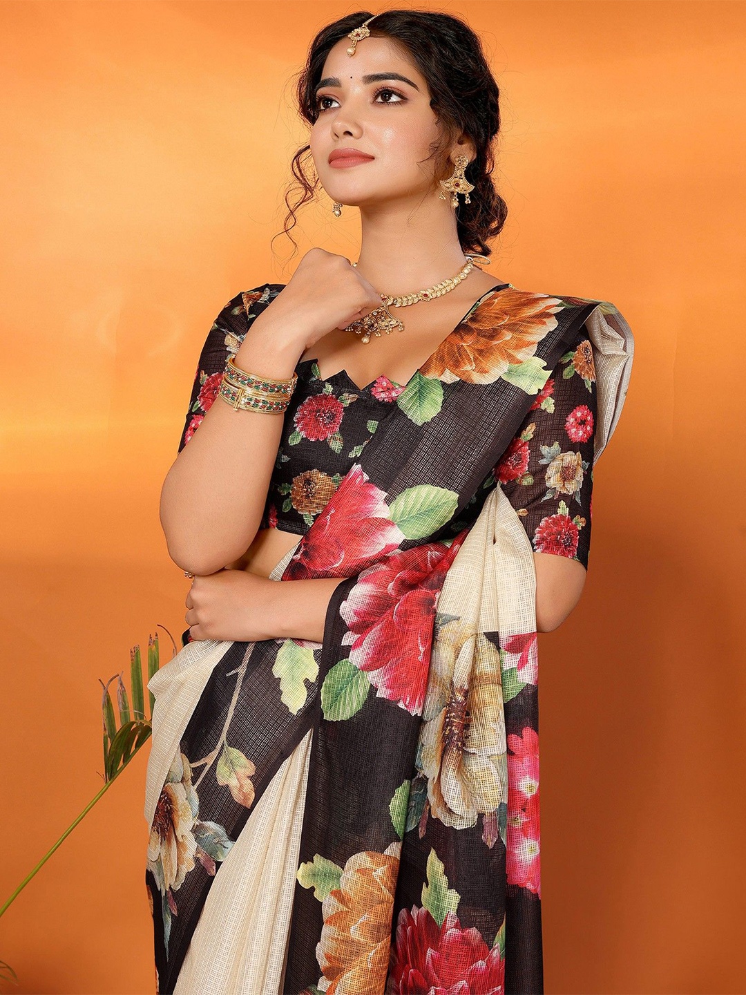 

KALINI Checked Kota Saree, Beige