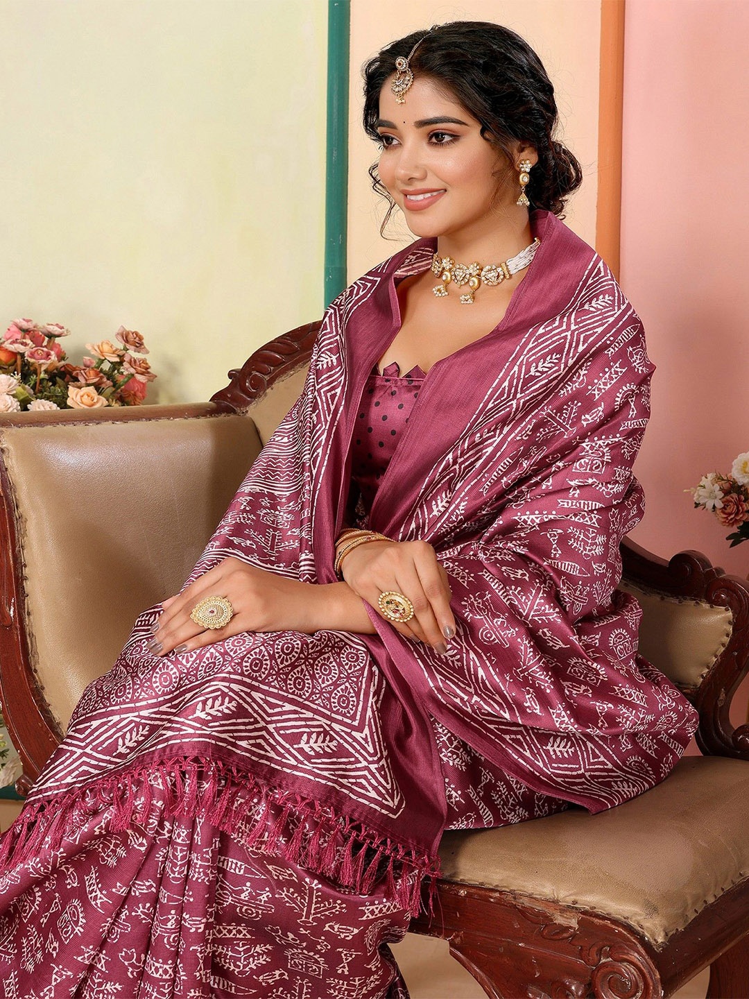 KALINI Bagh Printed Bagh Saree With Blouse Piece, Purple