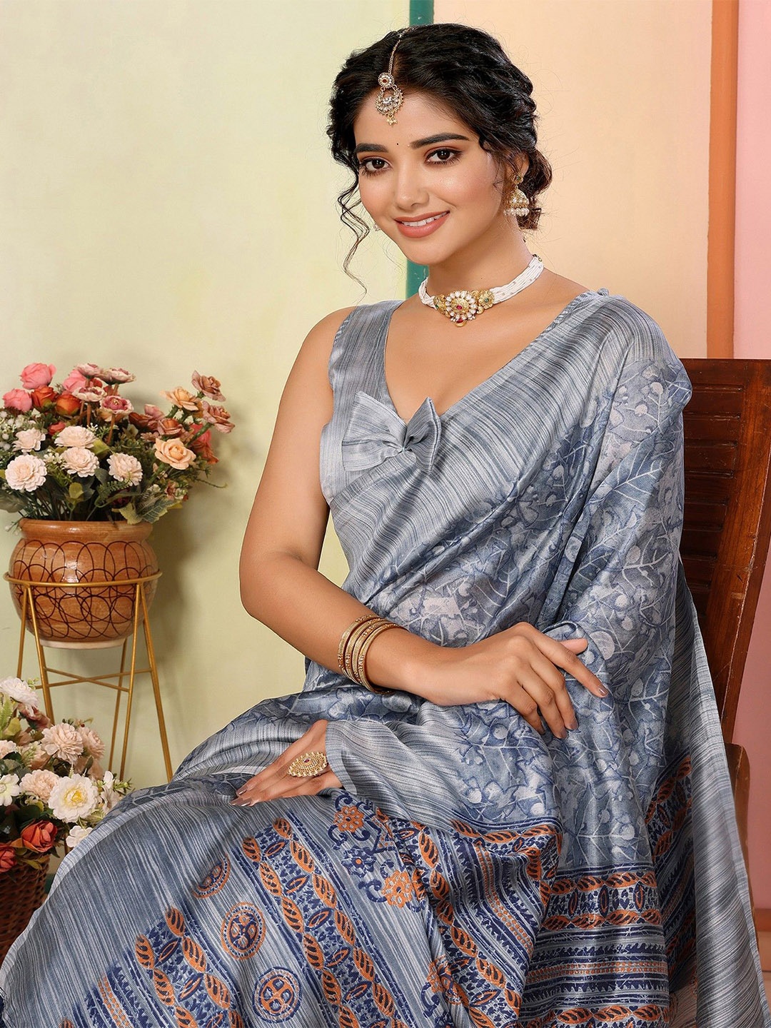 

KALINI Floral Bagru Saree, Blue