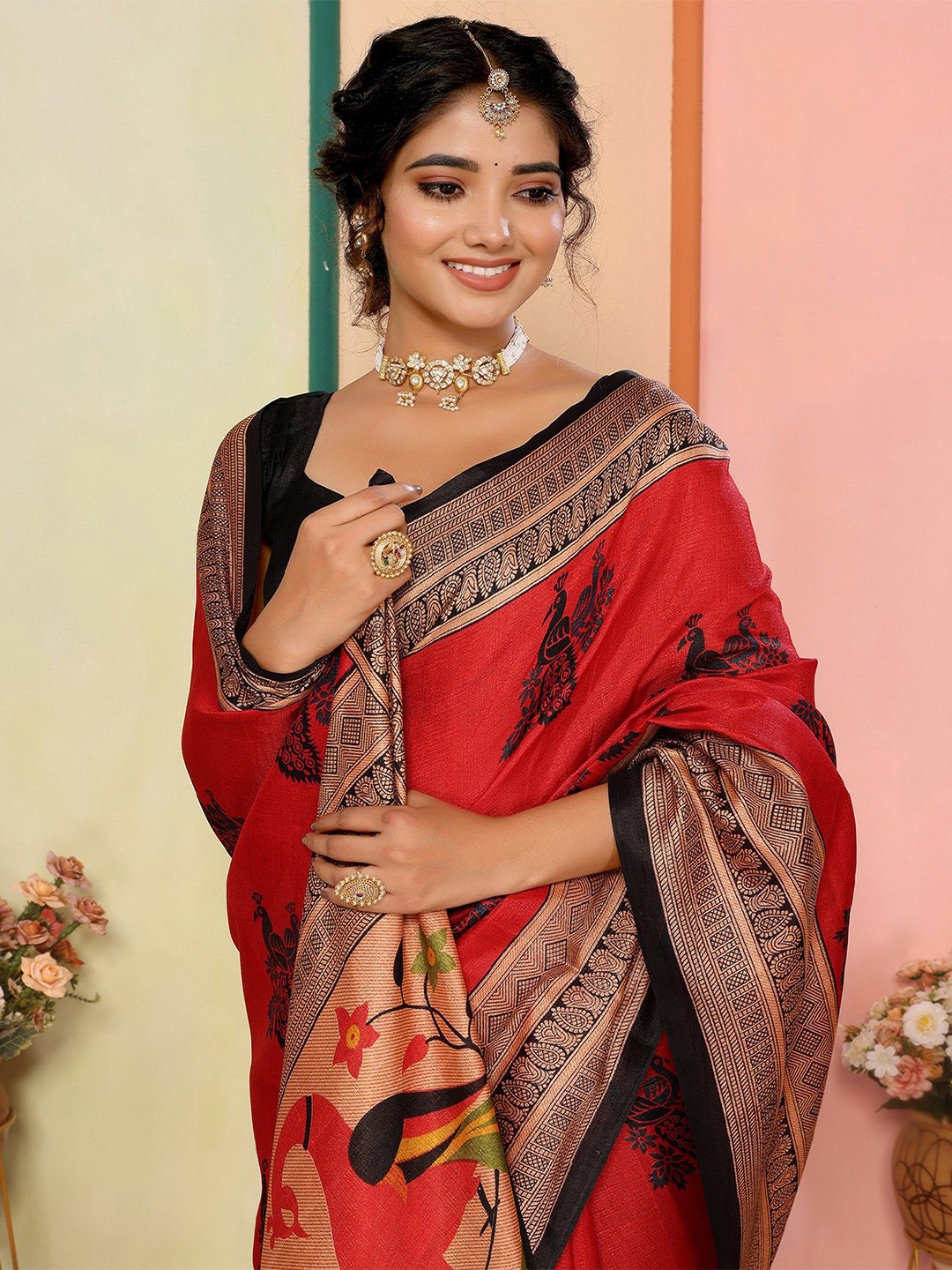 

KALINI Ethnic Motifs Printed Baluchari Saree, Red