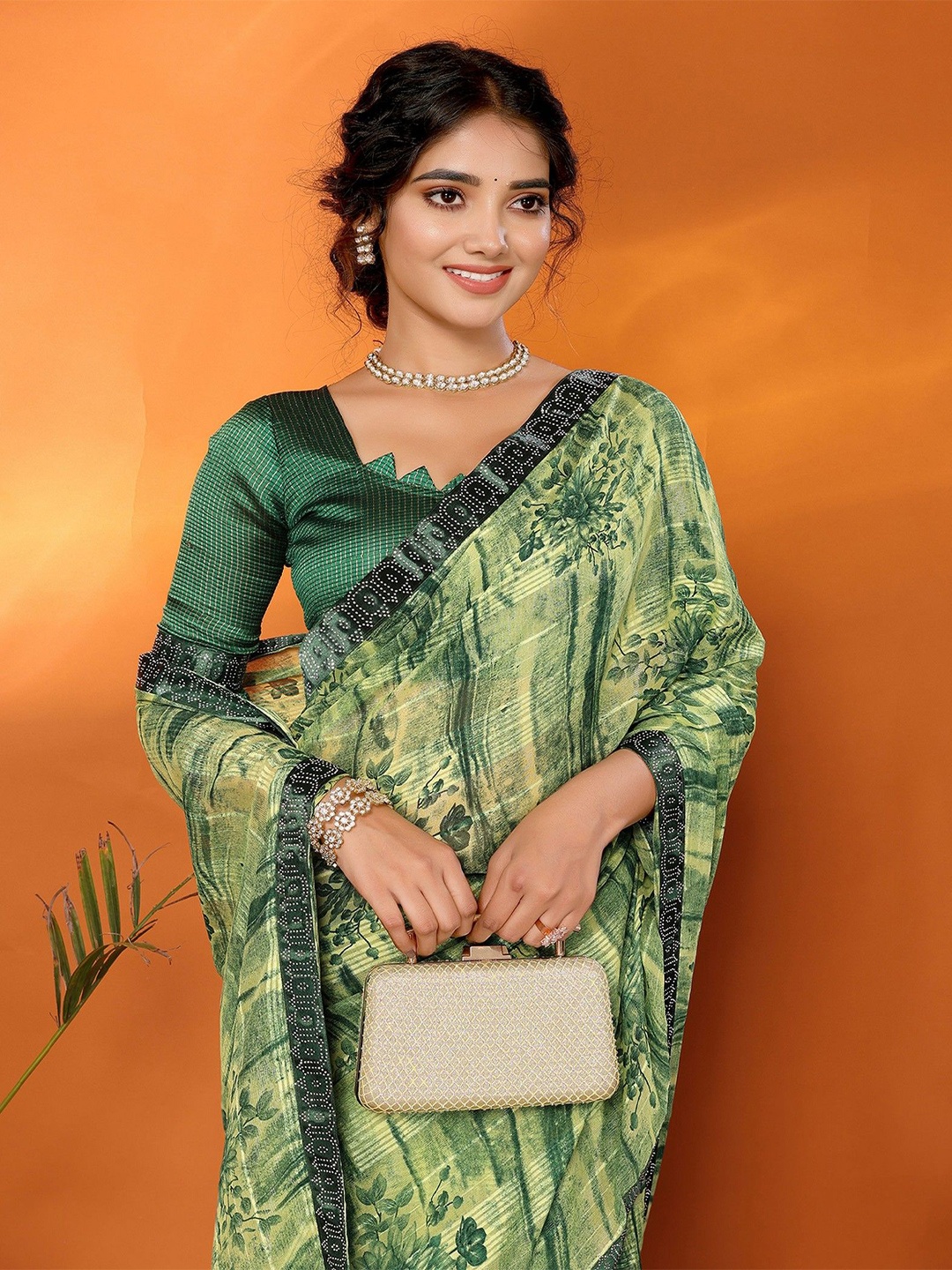 

KALINI Floral Printed Beads and Stones Block Print Saree, Green