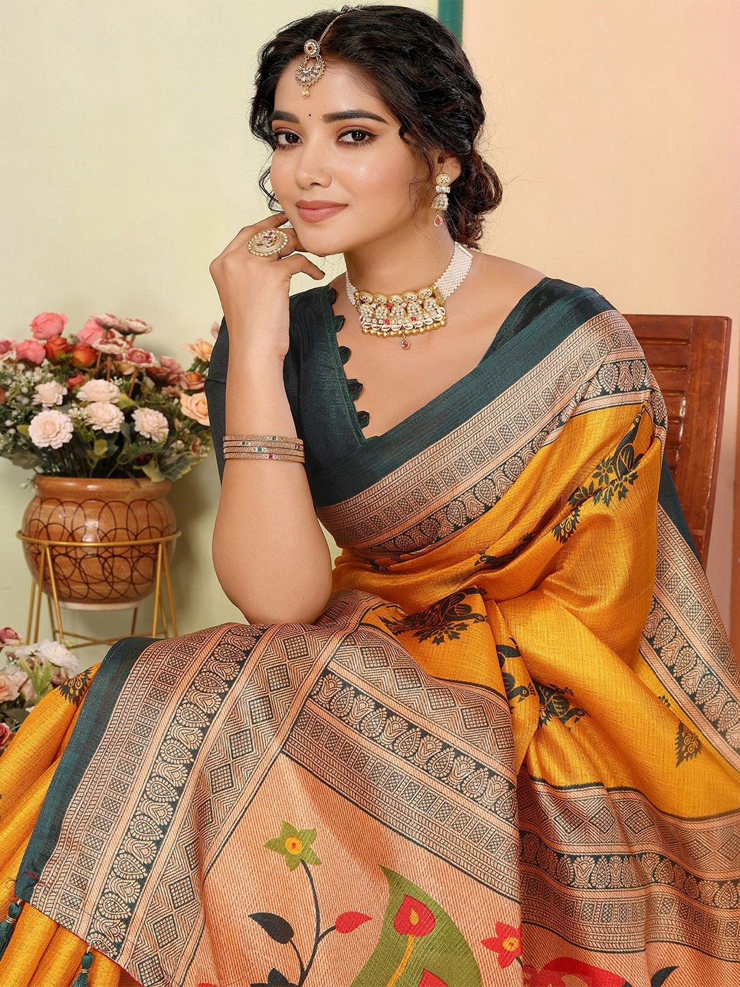 

KALINI Ethnic Motifs Baluchari Saree, Yellow