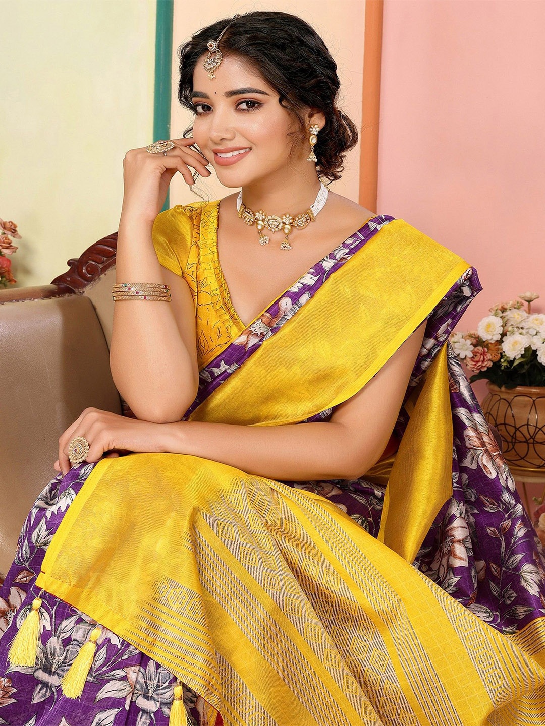 

KALINI Ethnic Motifs Zari Art Silk Saree, Violet