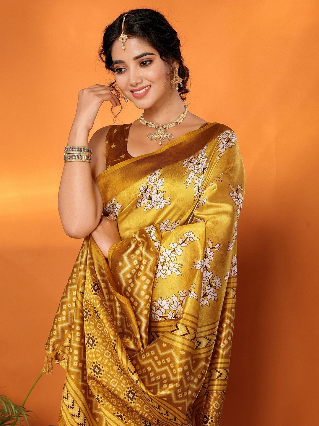 

KALINI Floral Zari Maheshwari Saree, Mustard