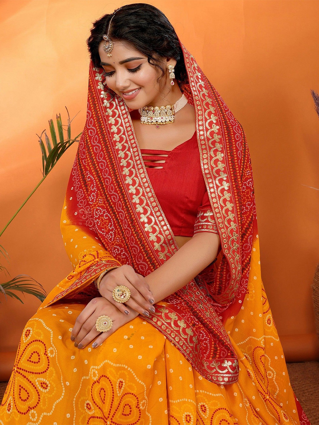 

KALINI Bandhani Printed Tussar Saree, Red