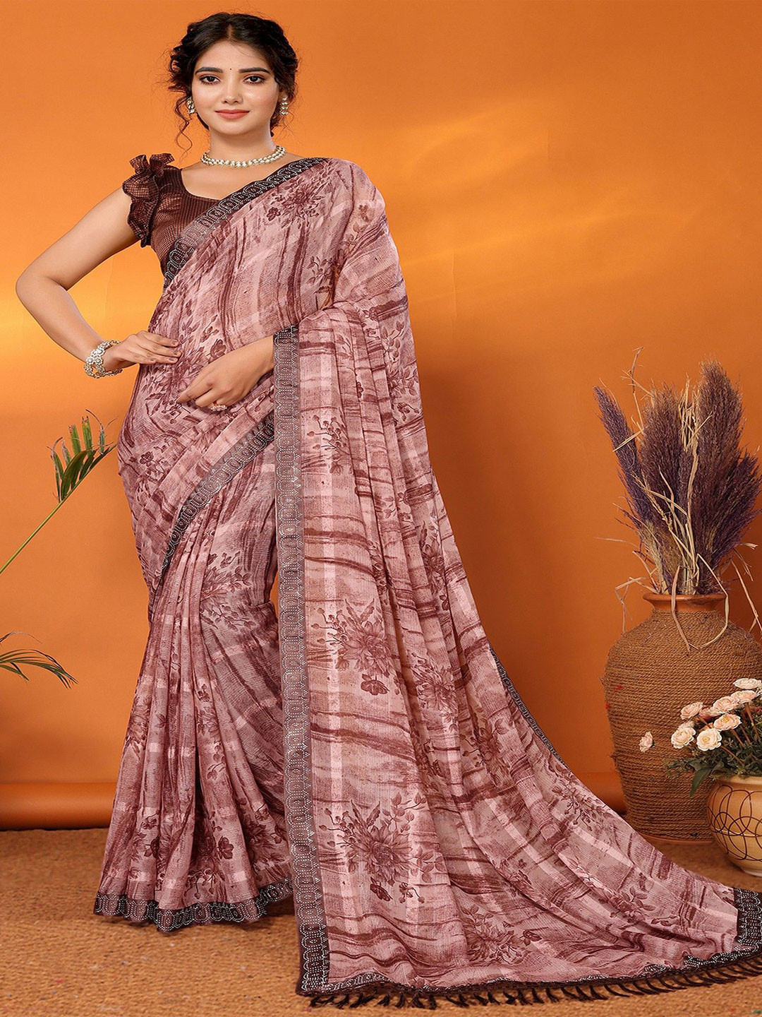 

KALINI Floral Beads and Stones Block Print Saree, Brown