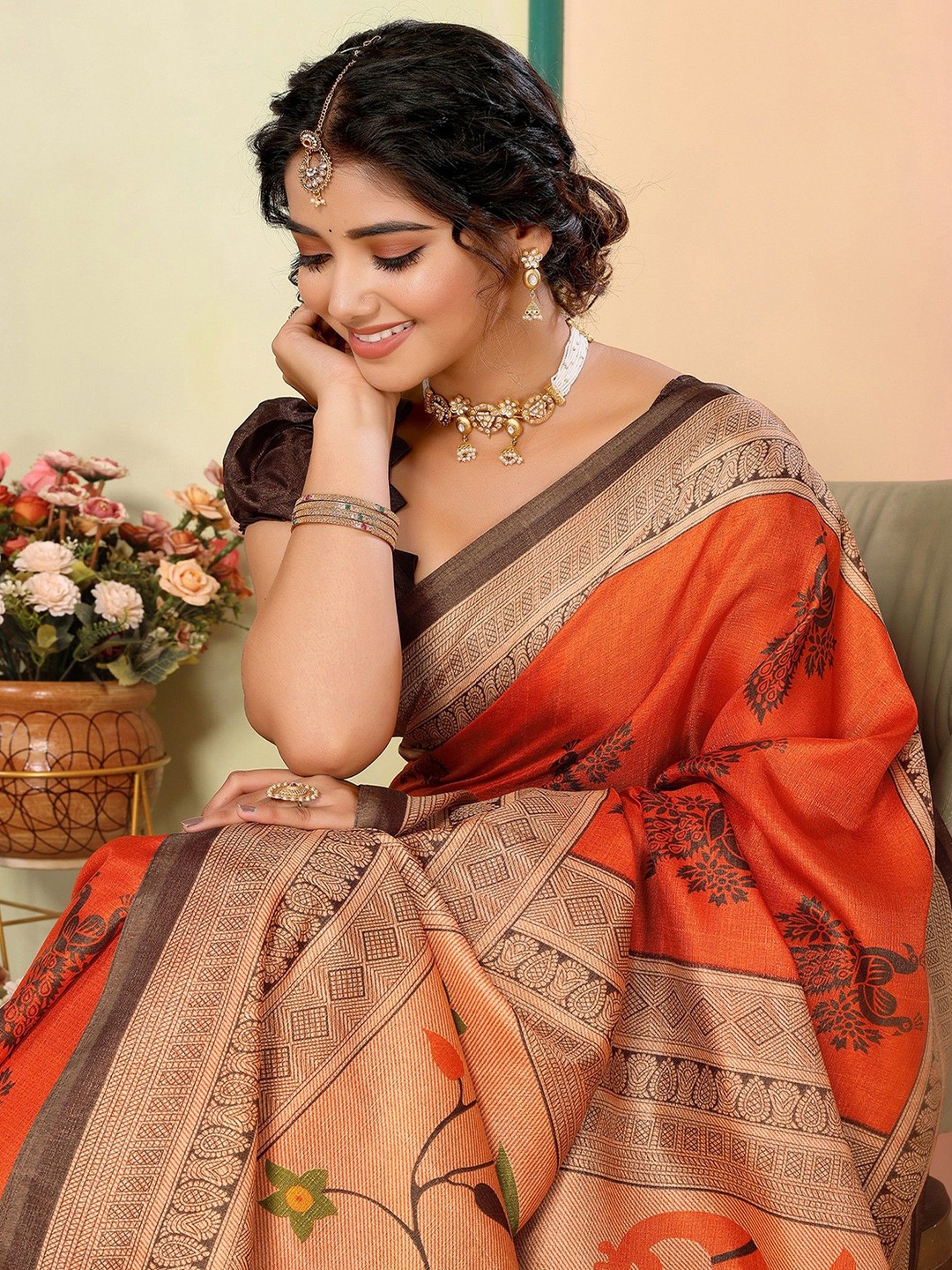

KALINI Ethnic Motifs Woven Design Zari Baluchari Saree, Orange