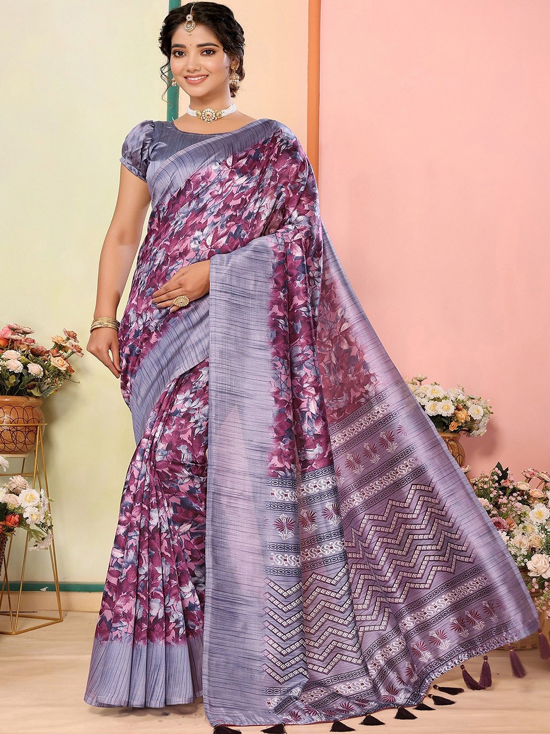 

KALINI Floral Art Silk Banarasi Saree, Purple