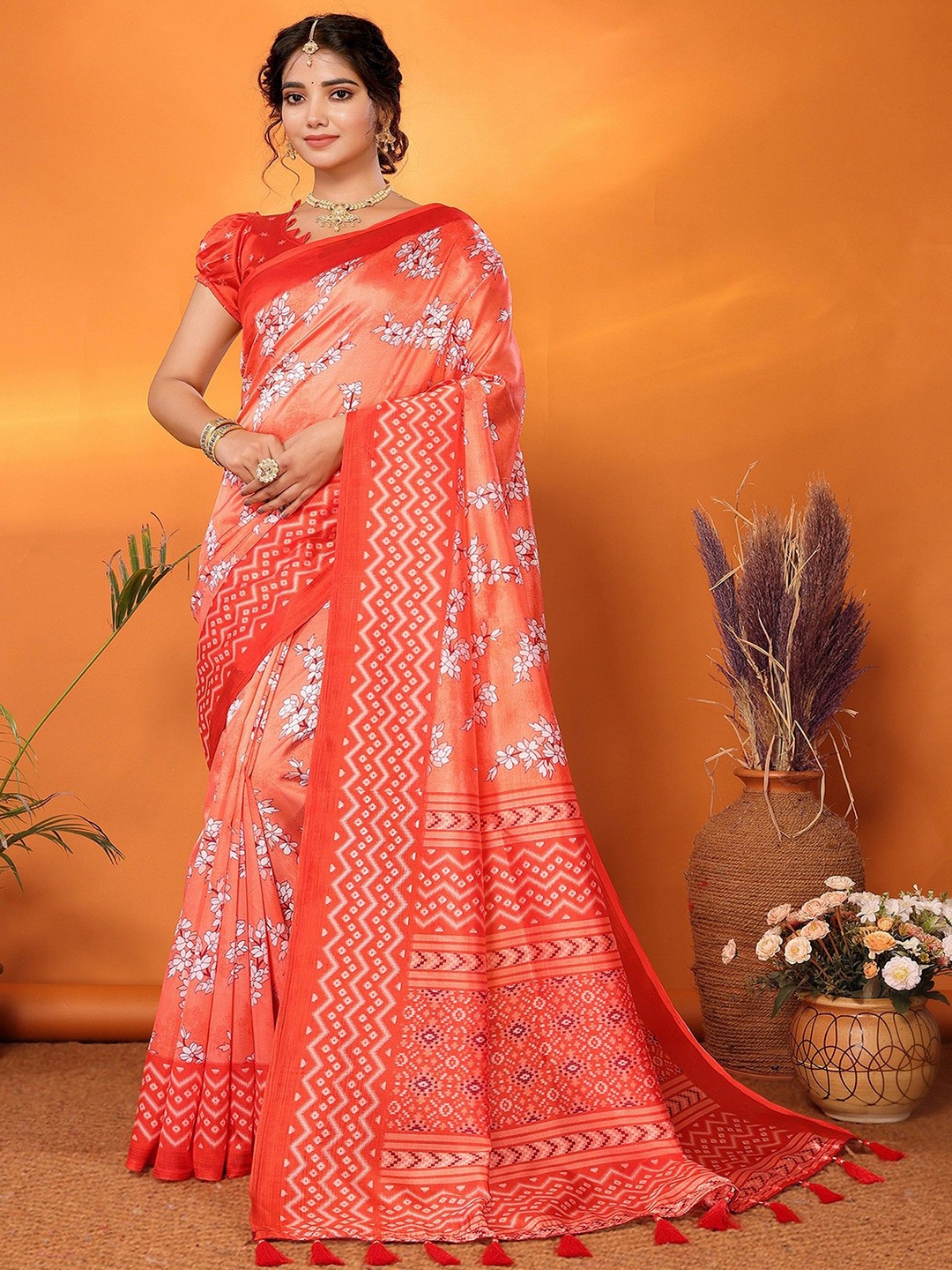

KALINI Floral Printed Saree With Tassels, Peach