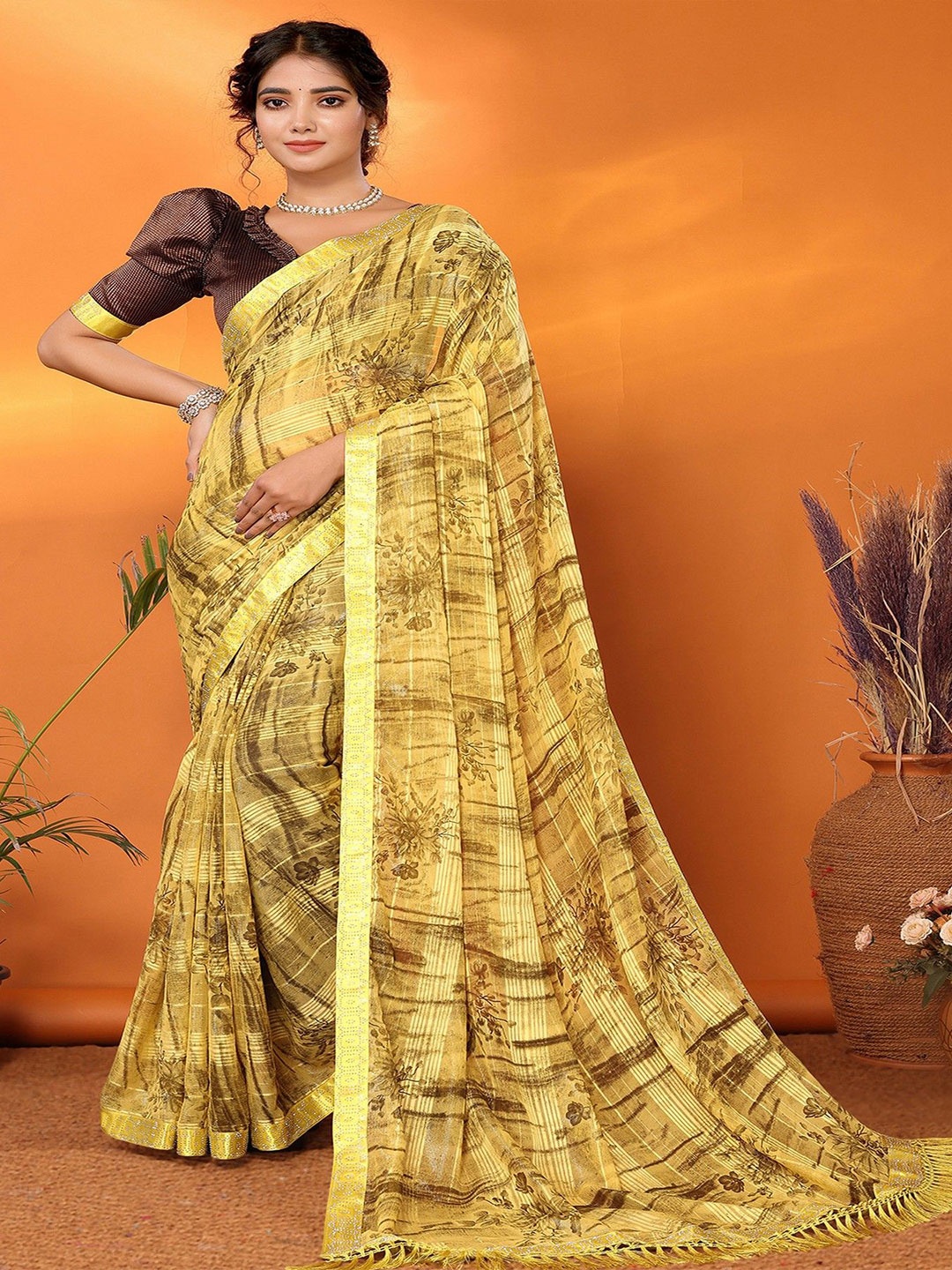 KALINI Floral Block Print Saree, Mustard