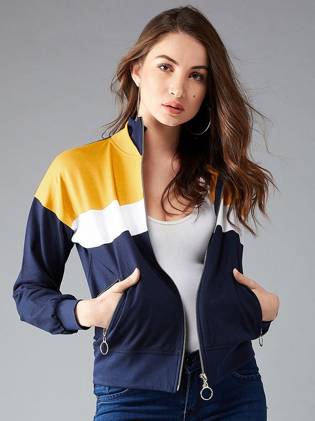 

DOLCE CRUDO Women Mock Collar Colourblocked Casual Bomber Jacket, Navy blue
