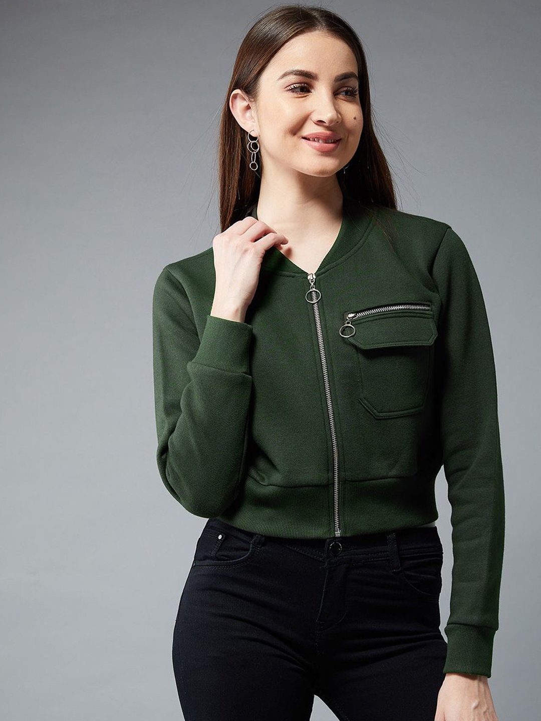 

DOLCE CRUDO Women Stand Collar Solid Casual Bomber Jacket, Olive