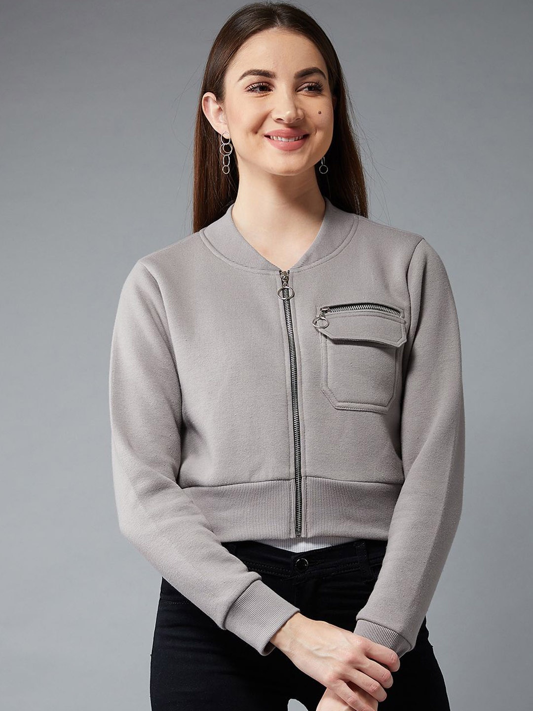 

DOLCE CRUDO Women Stand Collar Solid Casual Bomber Jacket, Grey