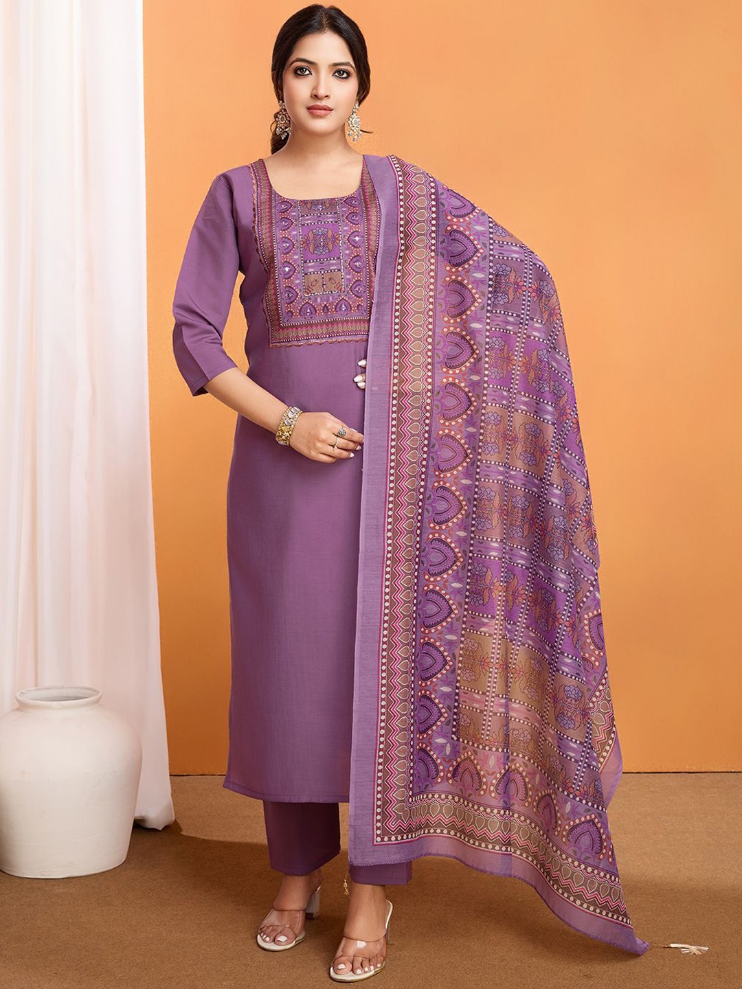 

Rujave Floral Yoke Design Mirror Work Raw Silk Kurta With Trousers & Dupatta, Purple