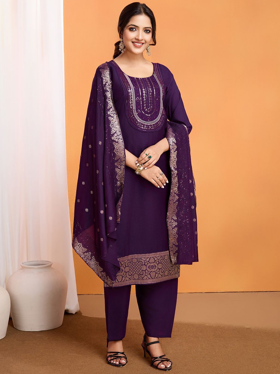 

Rujave Ethnic Motifs Yoke Design Sequinned Pure Silk Kurta With Trousers & Dupatta, Purple