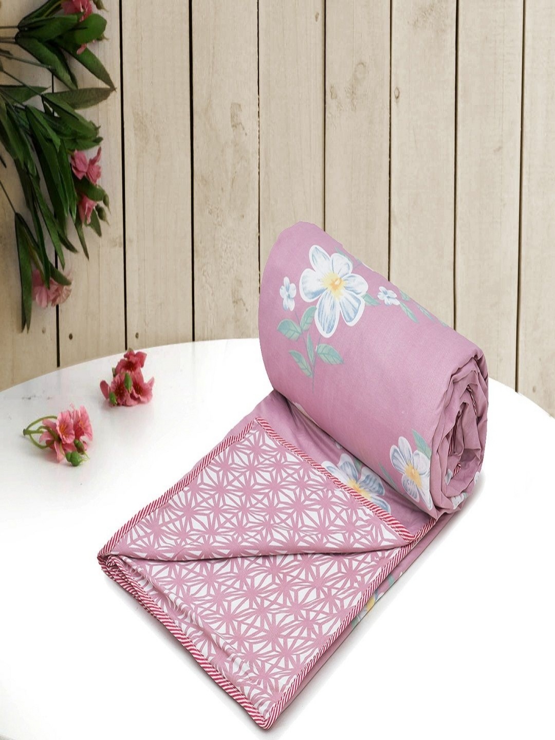 RRC Peach-Coloured Floral Microfiber AC Room 150 GSM Single Bed Dohar