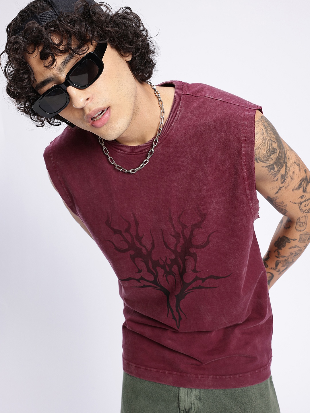 

glitchez Street Savvy Printed Washed Effect Oversized T-shirt, Maroon