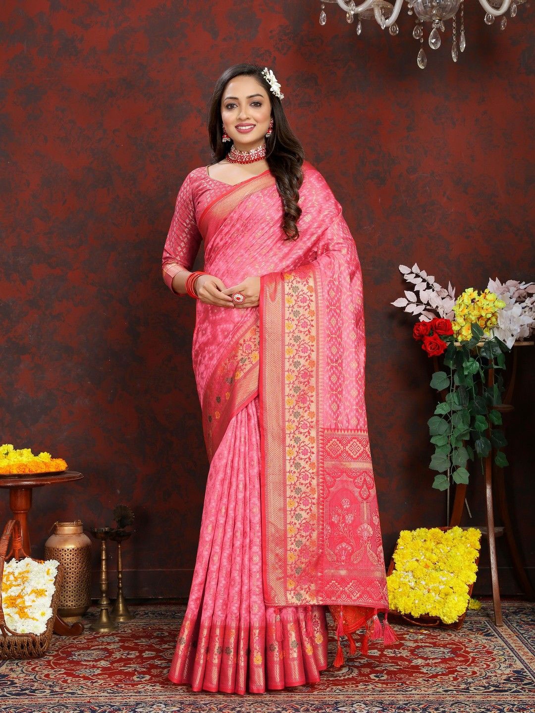 

VARNI FABRICS Woven Design Zari Pure Silk Banarasi Saree, Pink