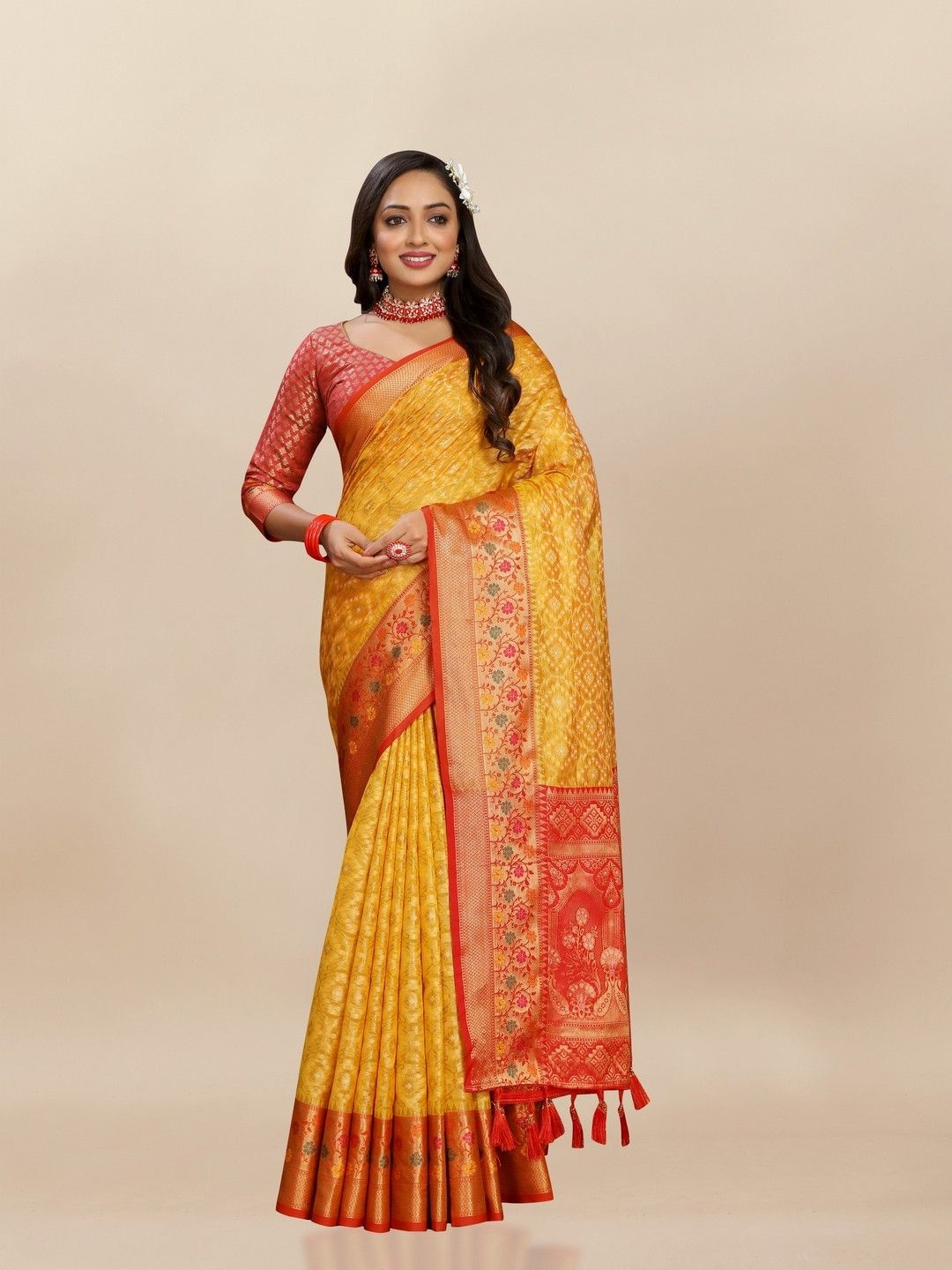 

VARNI FABRICS Woven Design Zari Pure Silk Banarasi Saree, Yellow