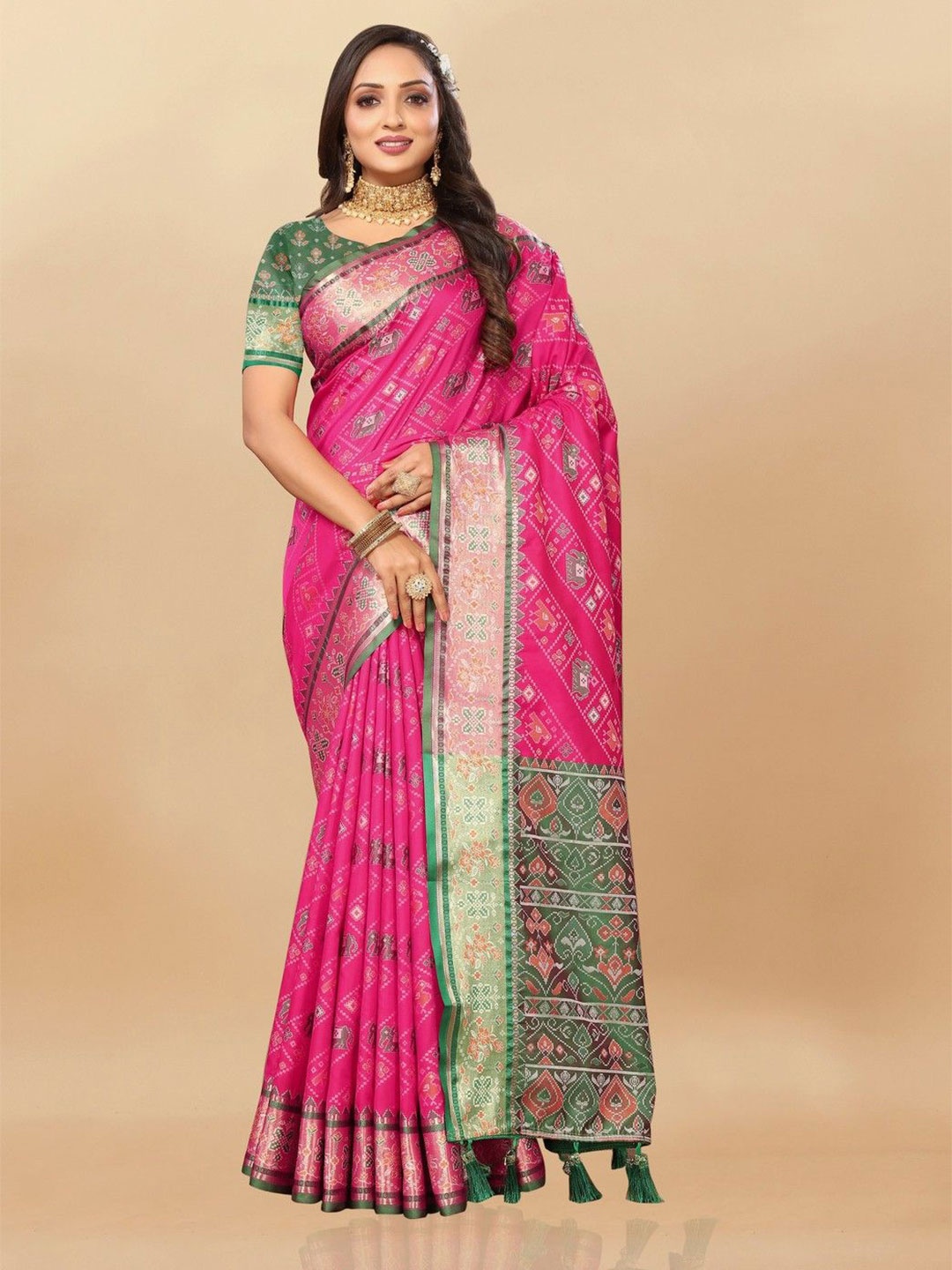 

VARNI FABRICS Woven Design Zari Pure Silk Patola Saree, Pink