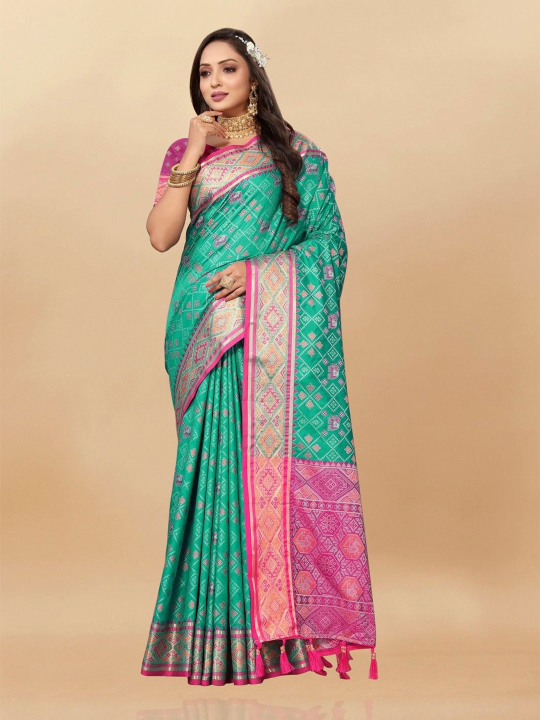 

VARNI FABRICS Woven Design Zari Pure Silk Banarasi Saree, Sea green