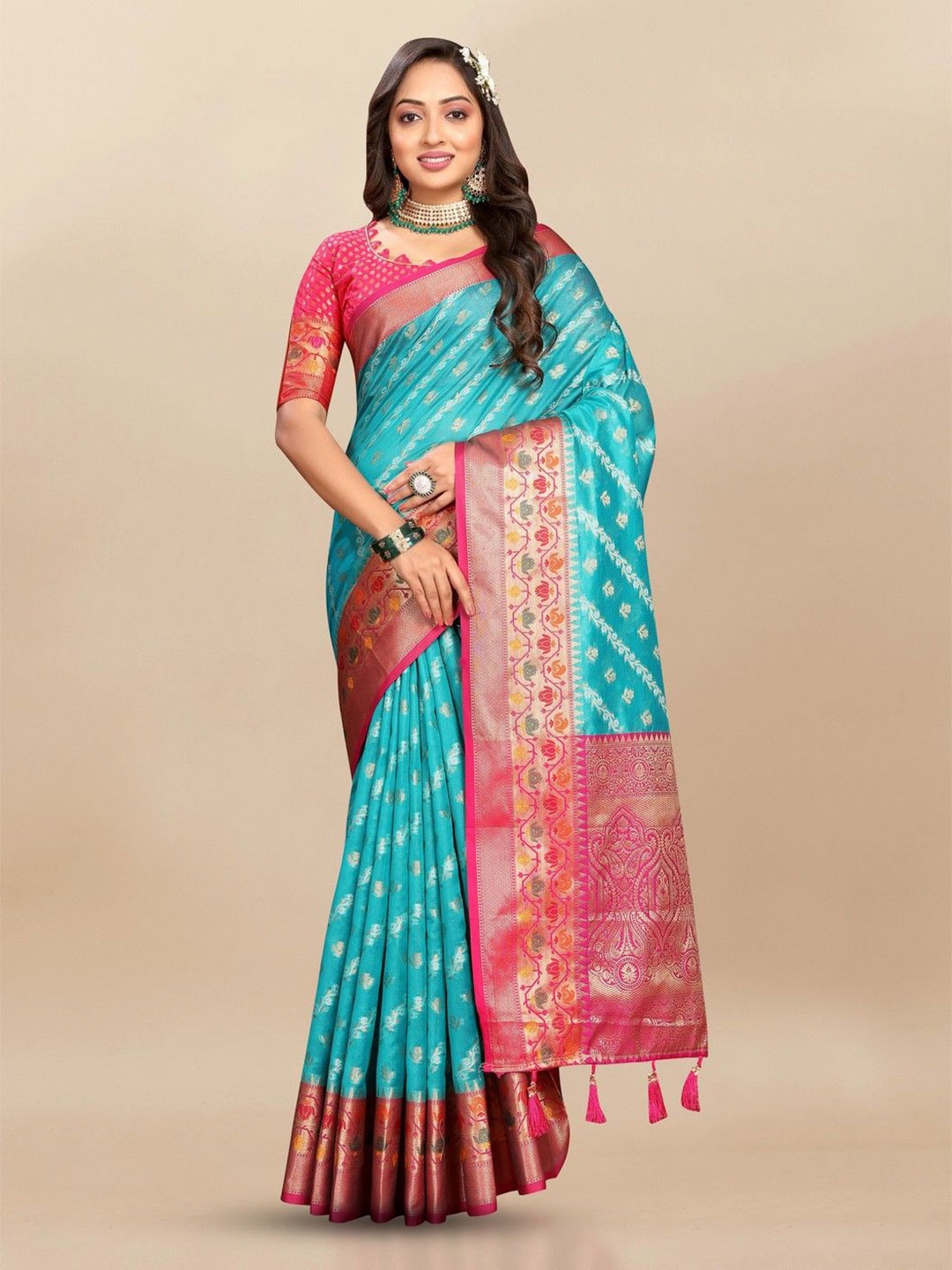 

VARNI FABRICS Woven Design Zari Pure Silk Banarasi Saree, Blue