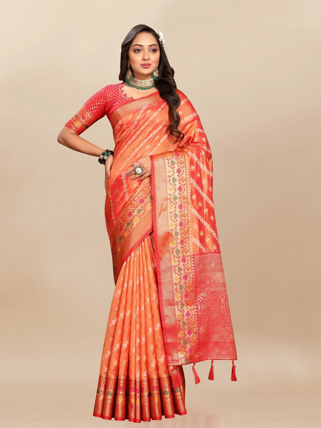 

VARNI FABRICS Woven Design Zari Pure Silk Banarasi Saree, Orange