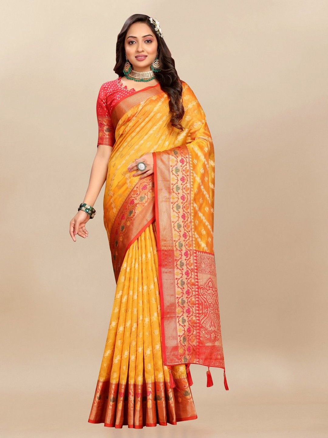 

VARNI FABRICS Woven Design Zari Pure Silk Banarasi Saree, Yellow