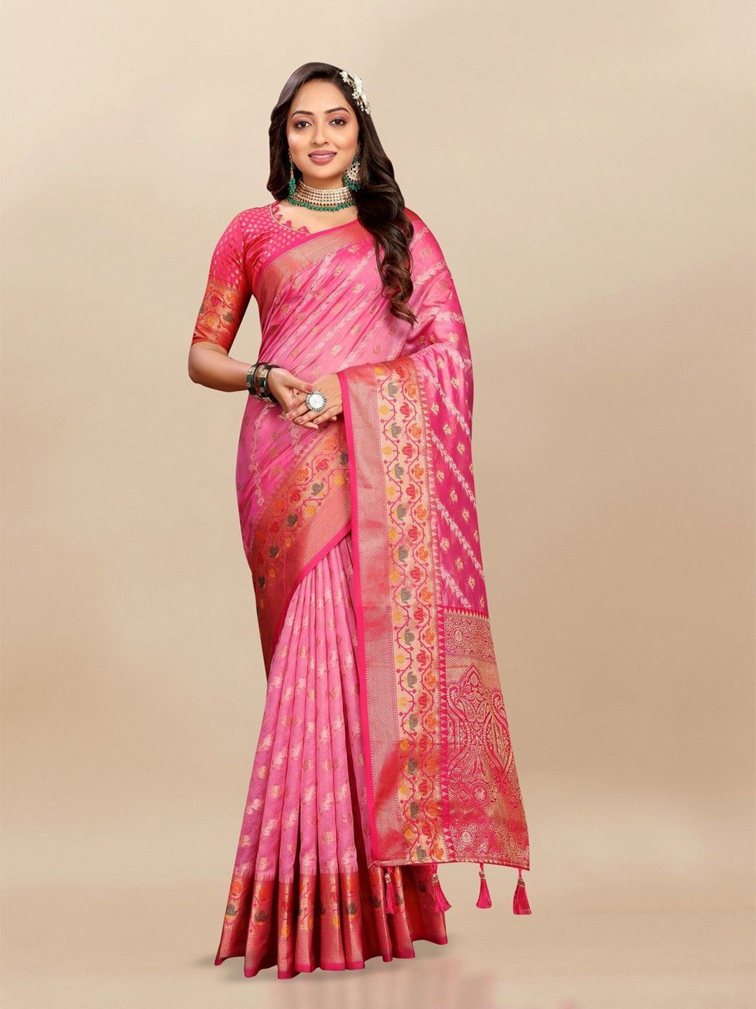 

VARNI FABRICS Woven Design Zari Pure Silk Banarasi Saree, Pink