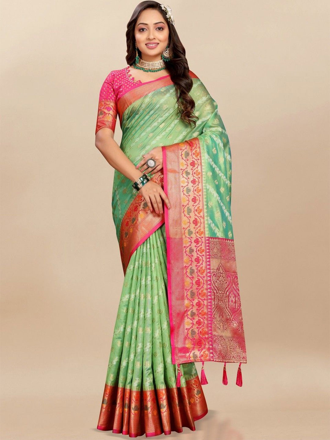 VARNI FABRICS Woven Design Zari Pure Silk Banarasi Saree, Green