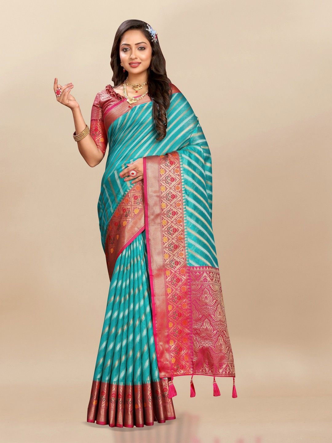 

VARNI FABRICS Leheriya Zari Pure Silk Banarasi Saree, Blue