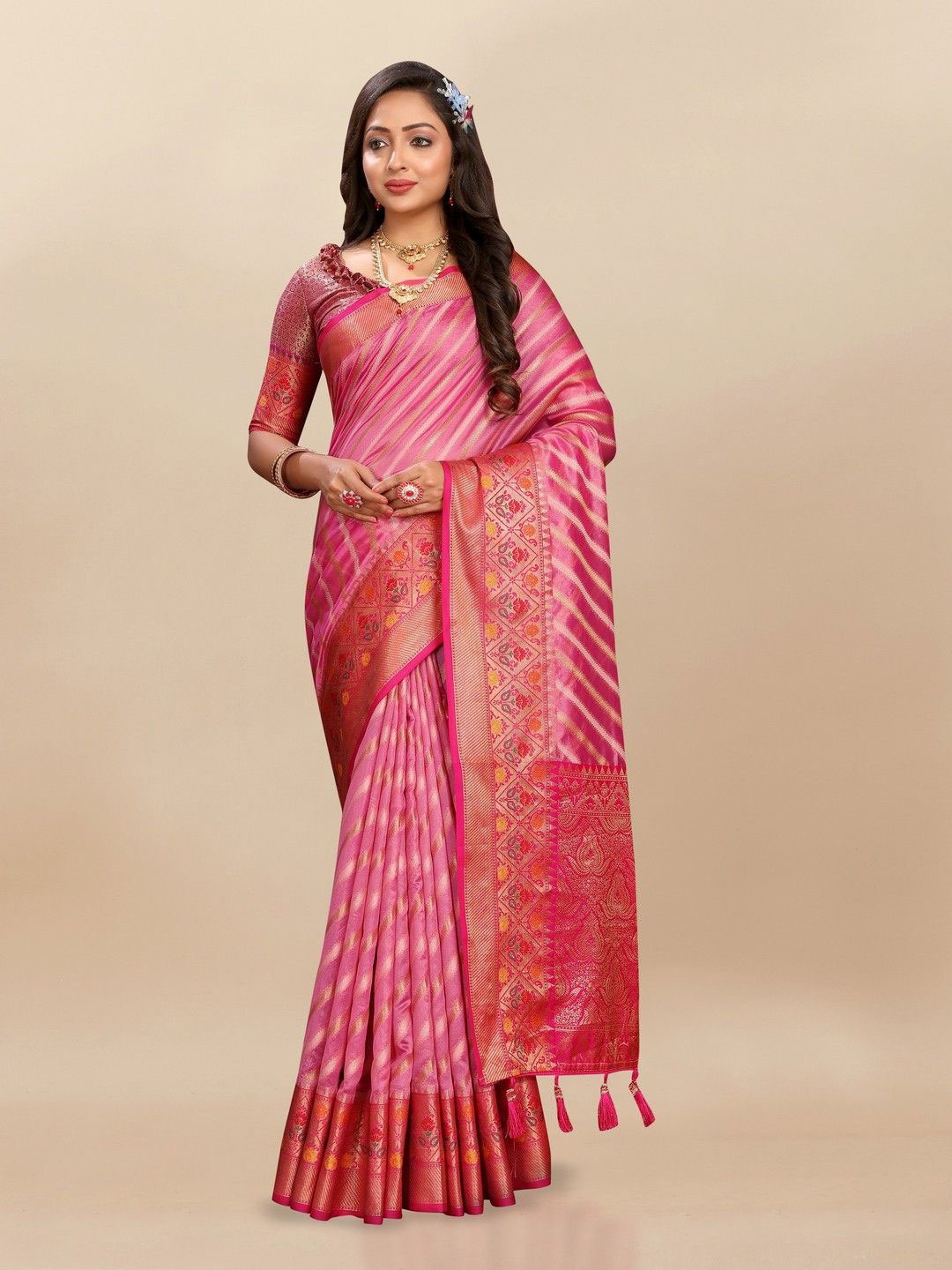 

VARNI FABRICS Woven Design Zari Pure Silk Banarasi Saree, Pink