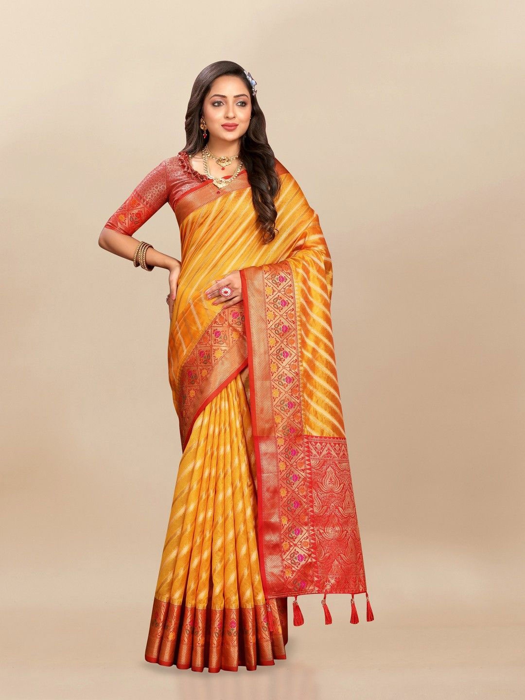

VARNI FABRICS Woven Design Pure Silk Banarasi Saree, Yellow