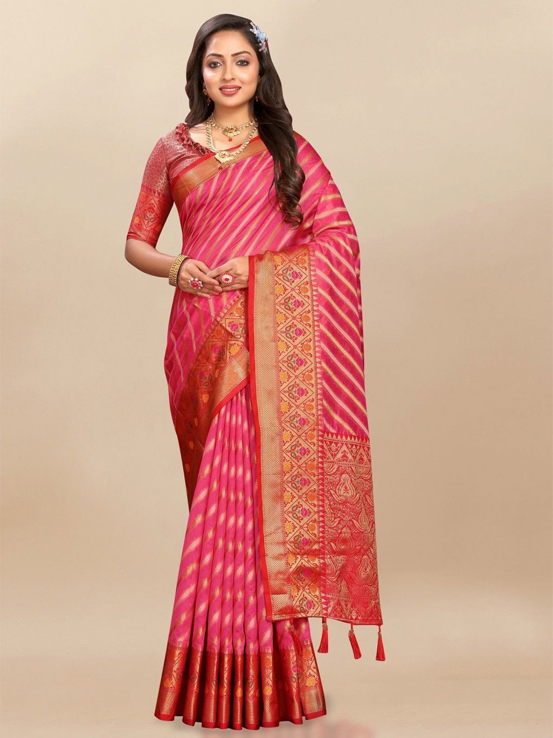 VARNI FABRICS Woven Design Zardozi Pure Silk Banarasi Saree, Pink