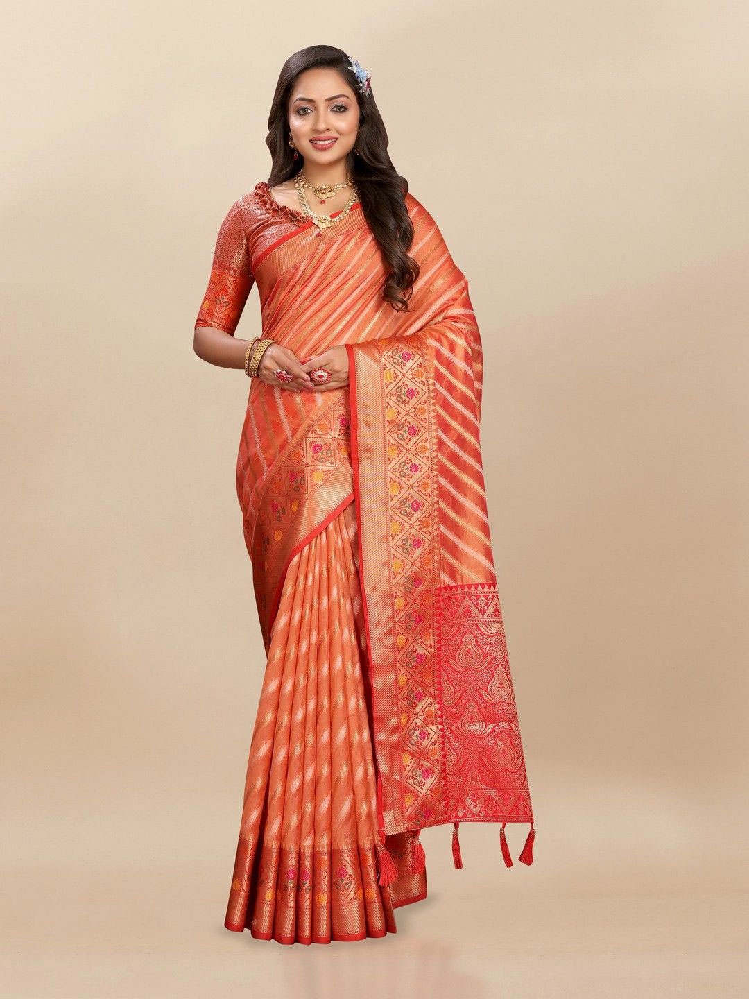 

VARNI FABRICS Woven Design Zari Pure Silk Banarasi Saree, Orange