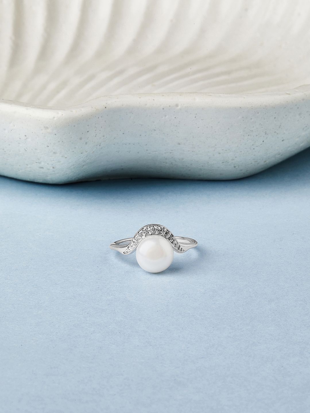 

Mia by Tanishq 92.5 Sterling Silver Cubic Zirconia & Majestic Pearl Finger Ring