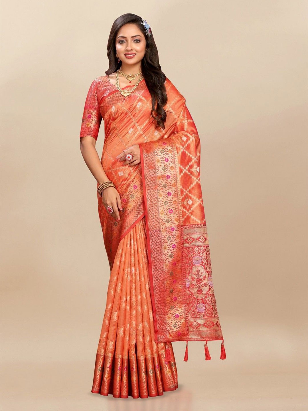 

VARNI FABRICS Woven Design Zari Pure Silk Banarasi Saree, Orange