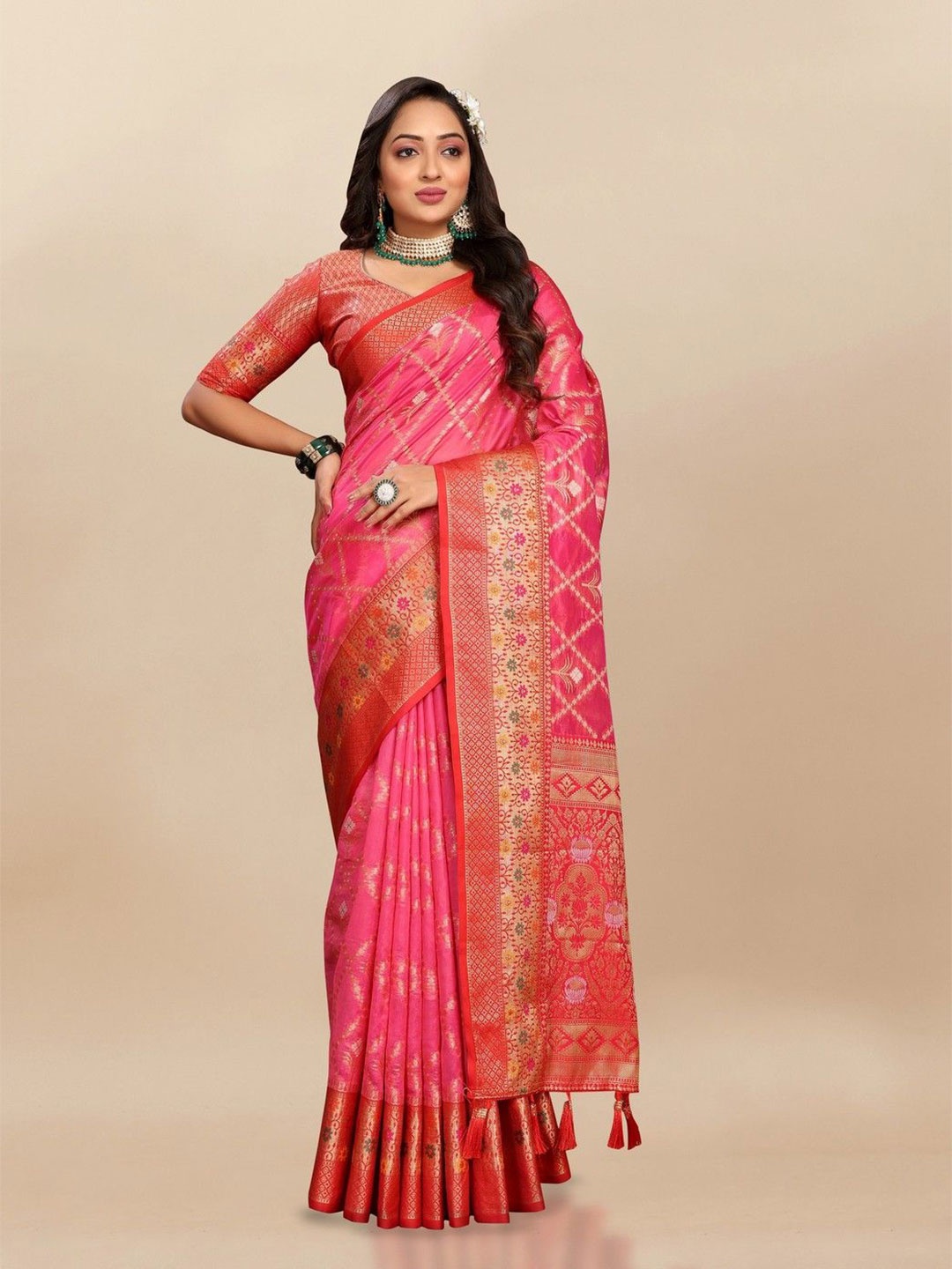 

VARNI FABRICS Woven Design Zari Pure Silk Banarasi Saree, Peach