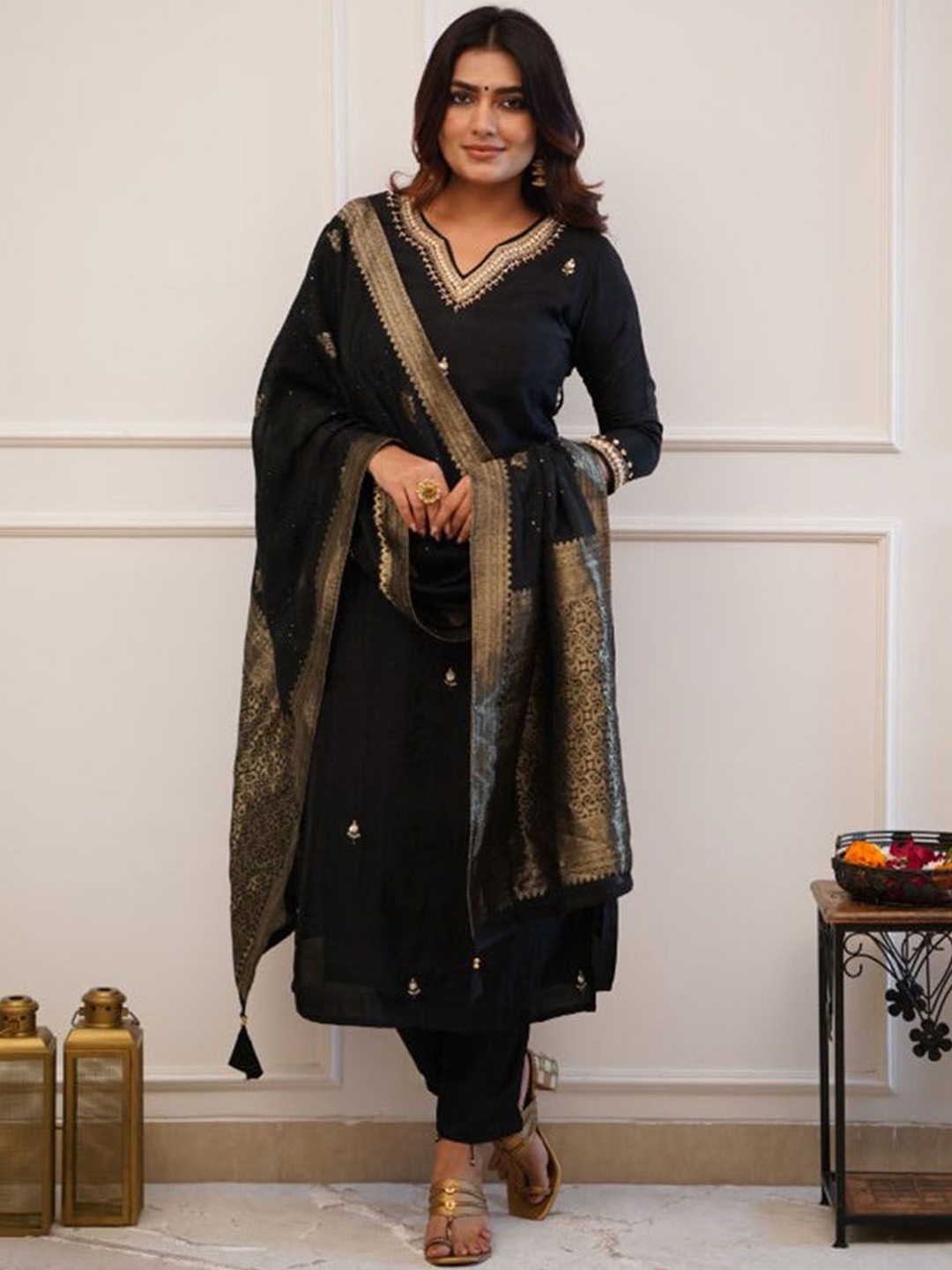 

KALINI Ethnic Motifs Embroidered Beads & Stones Chanderi Silk Kurta With Trouser & Dupatta, Black