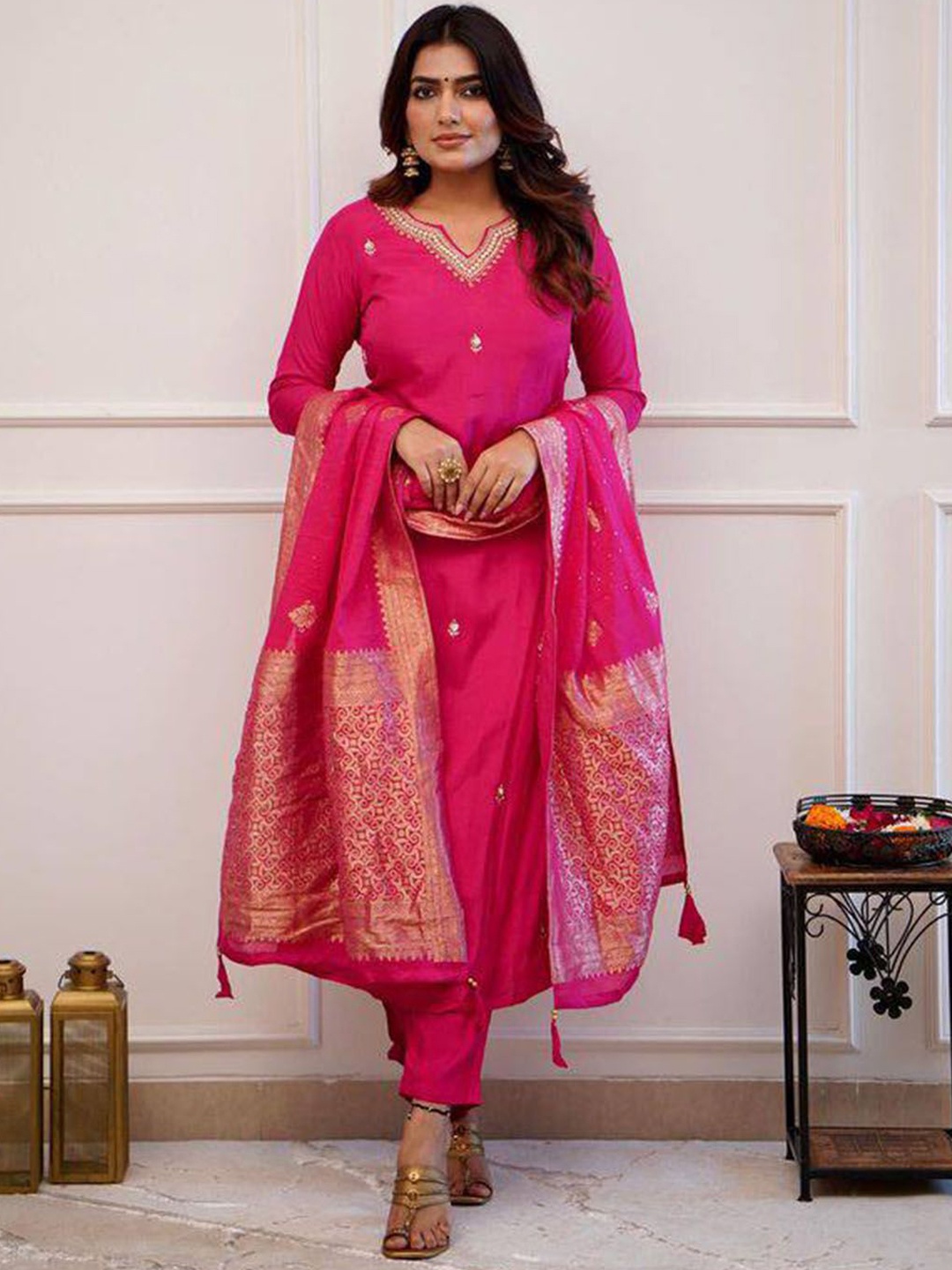 

KALINI Floral Embroidered Thread Work Kurta with Trouser & Dupatta, Pink