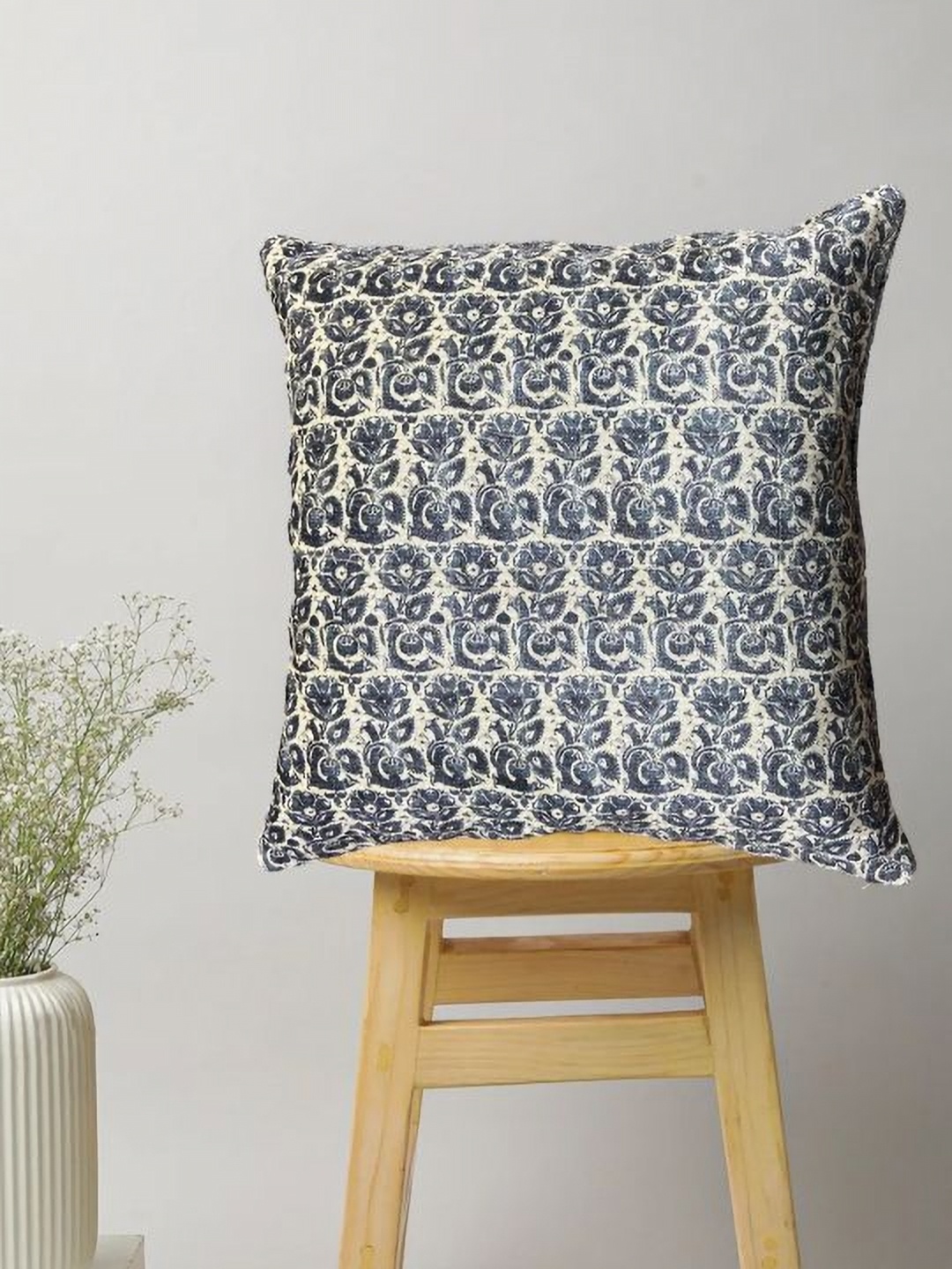 SAJAVAT Grey Melange Floral Cotton Square Cushion Cover