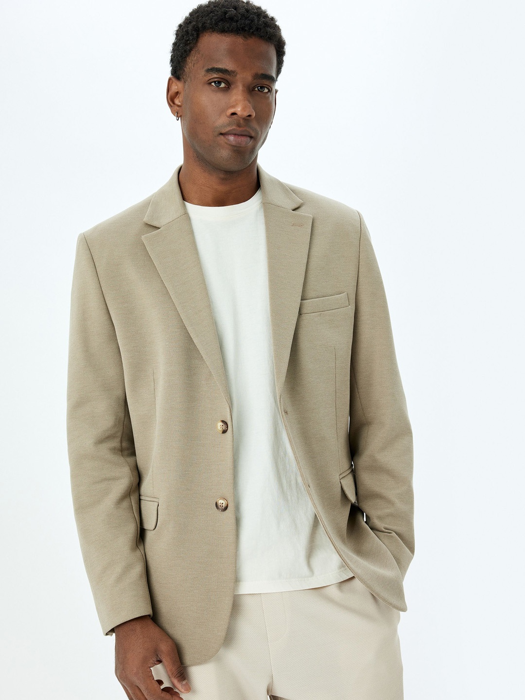 Koton Self Design Slim Fit Single-Breasted Formal Blazer, Beige