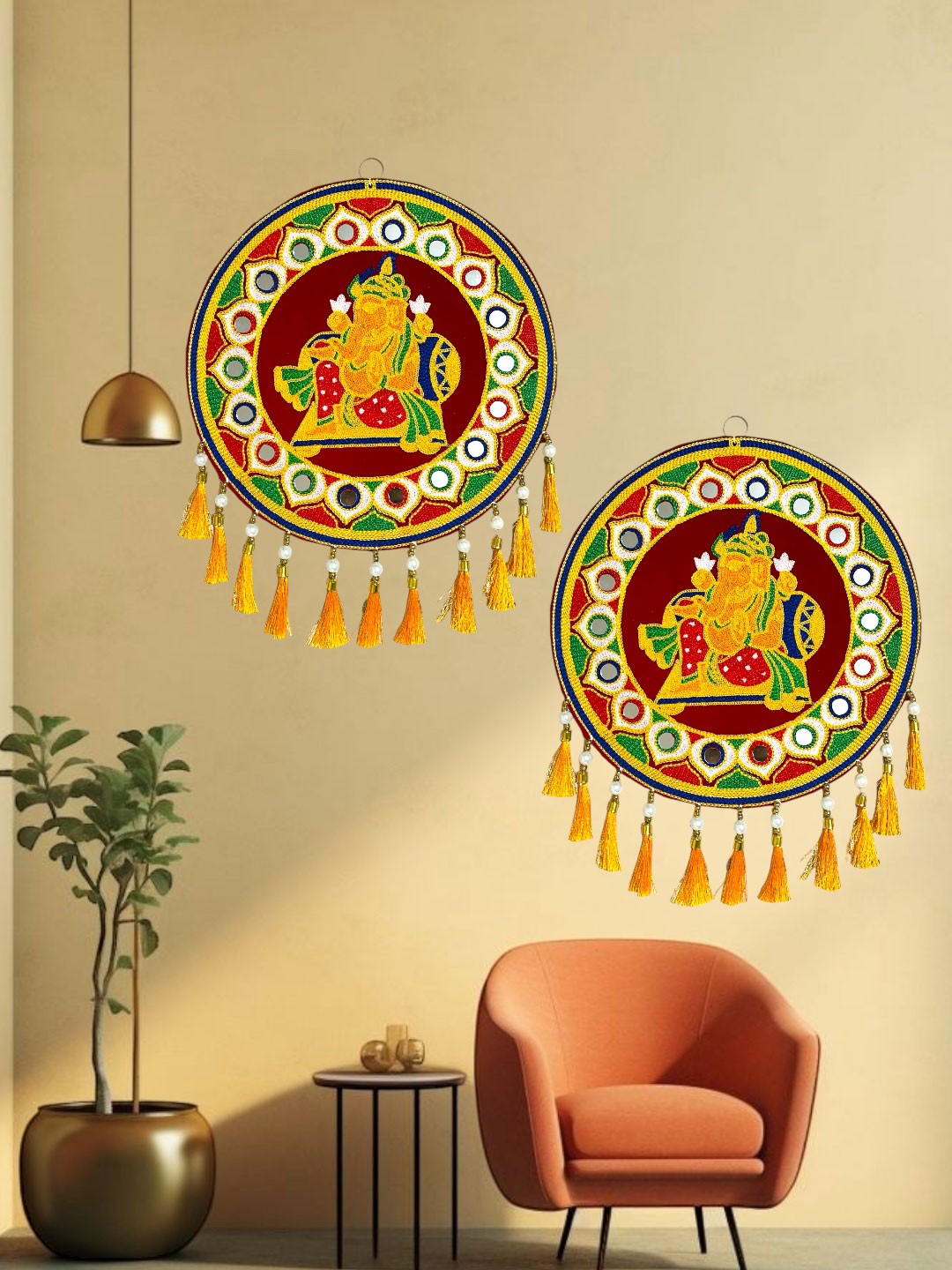 

TORNORY Yellow & Brown 2 Pieces Embroidered Round Ganesha Hangings