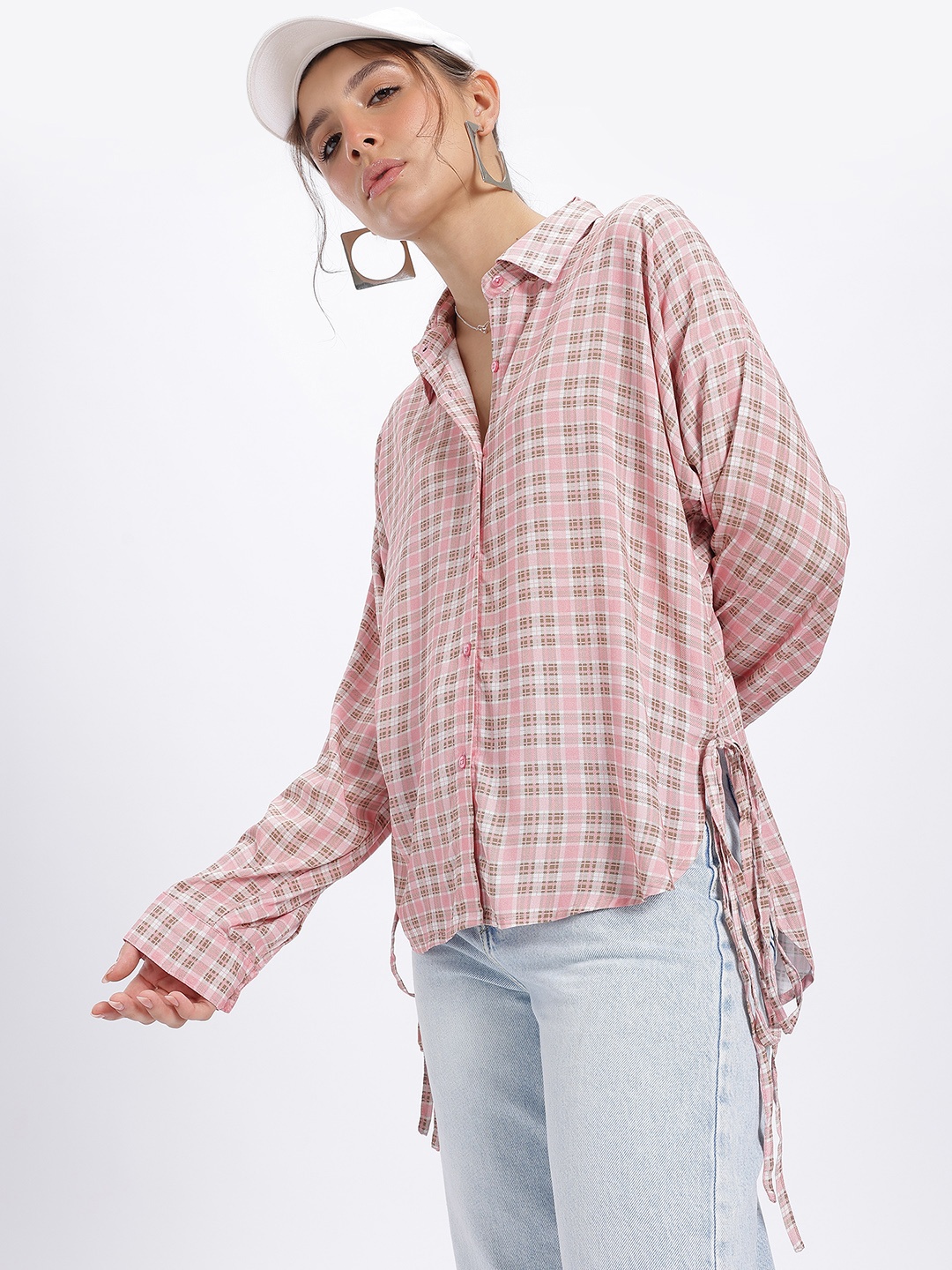 

glitchez Vintage Vibes Checked Side Tie-Ups High-Low Oversized Shirt, Pink