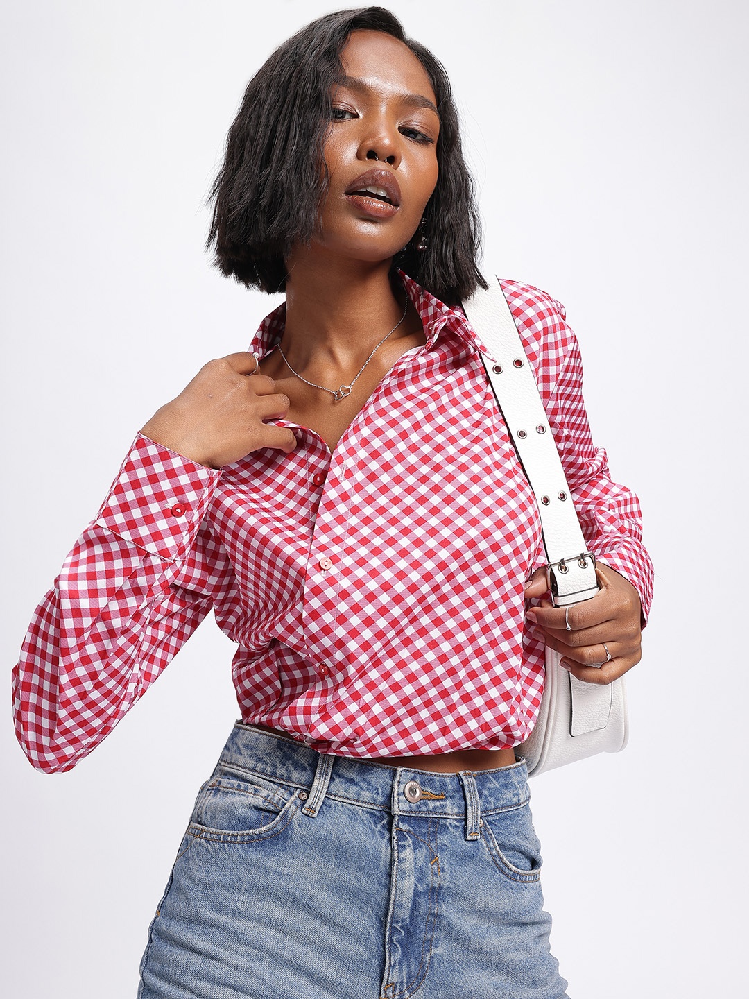 

glitchez Plaid Play Gingham Checks Asymmetric Placket Shirt, Red