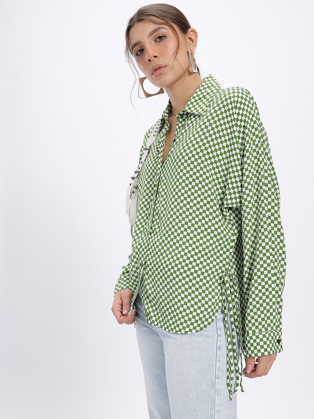 

glitchez Whimsical Wardrobe Checked Side Tie-Ups High-Low Oversized Shirt, Green